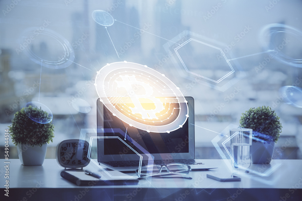 Aufkleber Double exposure of blockchain and crypto economy theme hologram and table with computer background. Concept of bitcoin cryptocurrency.