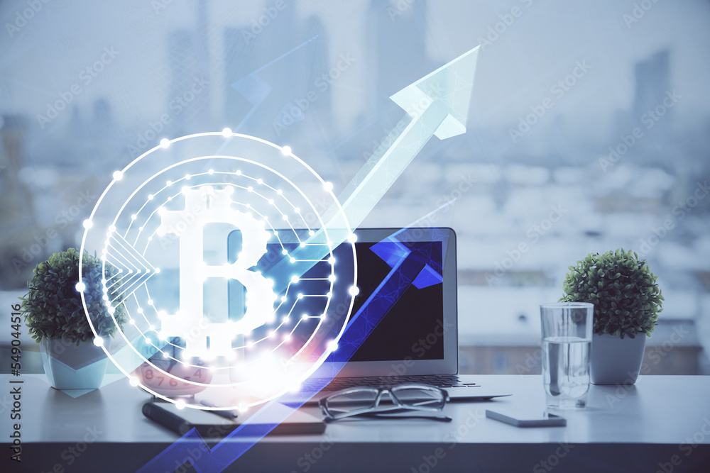 Poster Double exposure of blockchain and crypto economy theme hologram and table with computer background. Concept of bitcoin cryptocurrency.