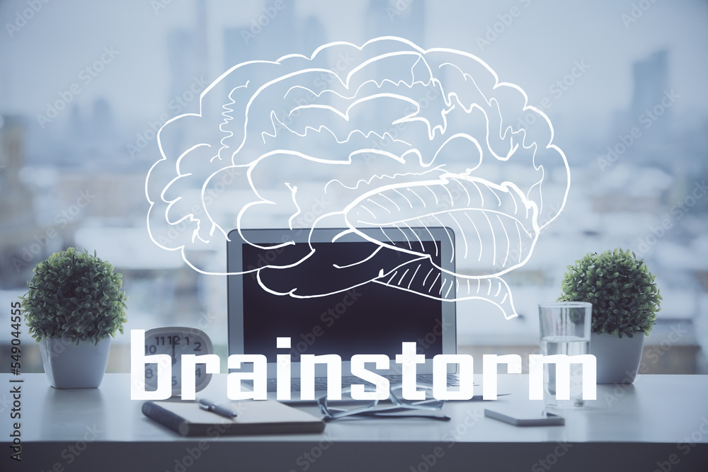 Poster Desktop computer background in office and start up theme hologram drawing. Double exposure. Startup concept.