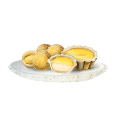 Chinese dessert watercolor illustration, egg tarts and seasame balls on ceramic plate, traditional Asian cuisine drawing