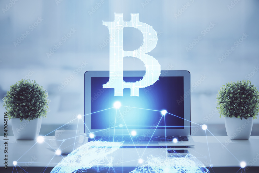 Poster double exposure of blockchain and crypto economy theme hologram and table with computer background. 