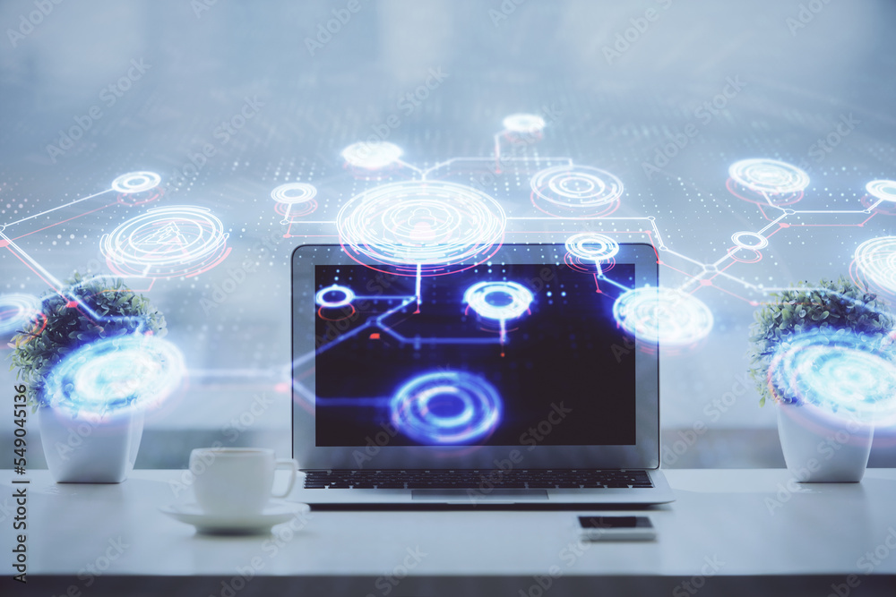 Aufkleber computer on desktop with social network hologram. double exposure. concept of international people c