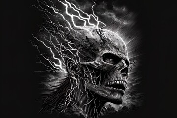 Lightning Skull Black And White Illustration