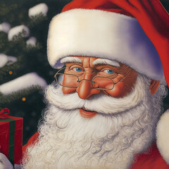 The face of Santa Claus with a beard in a red cap and glasses. Christmas and New Year.