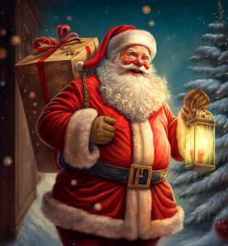 Santa Claus with gifts and a lantern on the background of the Christmas tree. Christmas and New Year.