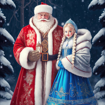 Santa Claus with his granddaughter. Father Frost and Snow Maiden. Ded Moroz and Snegurochka. New Year and Christmas gift card.