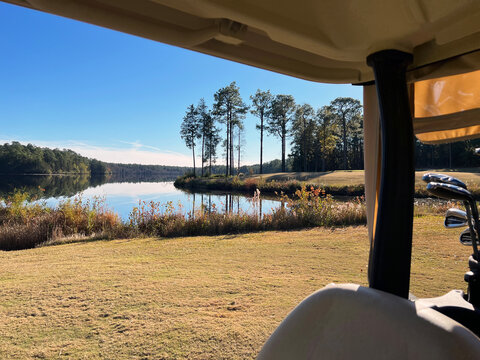 A lakeside view of the golf course at Cheraw State Park, South Carolina, USA.