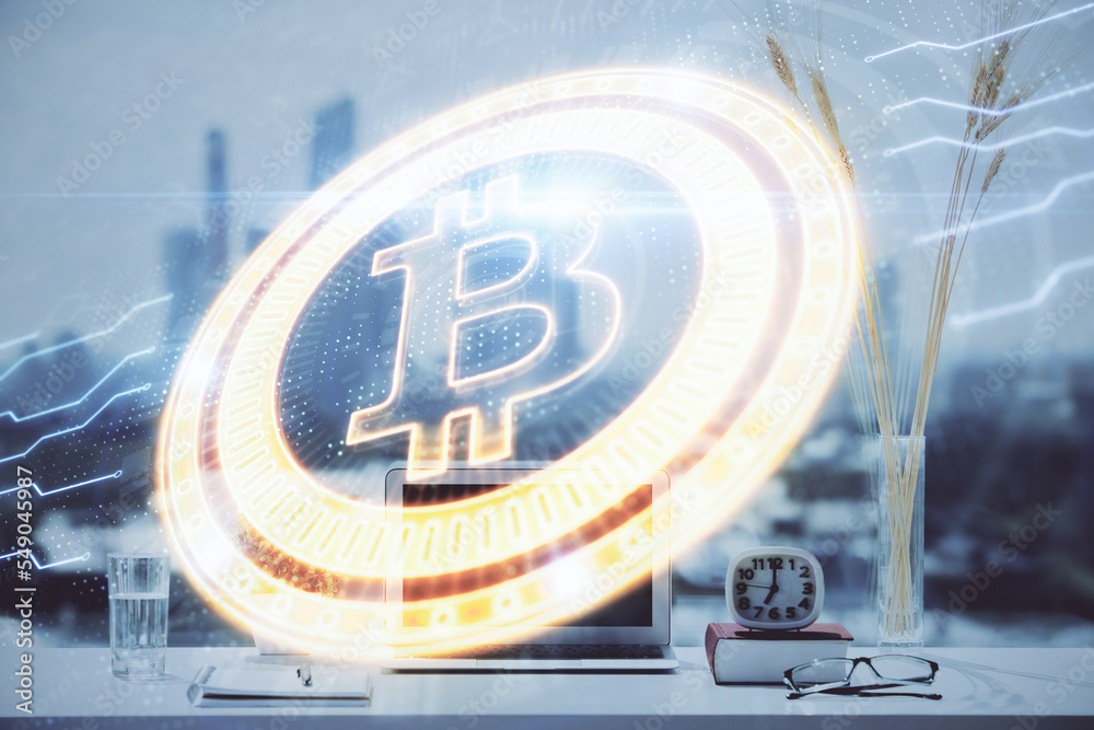 Aufkleber Double exposure of blockchain and crypto economy theme hologram and table with computer background. Concept of bitcoin cryptocurrency.