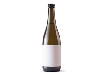 Homemade bottle of white wine with crown cap with blank label on white background. Easily apply...