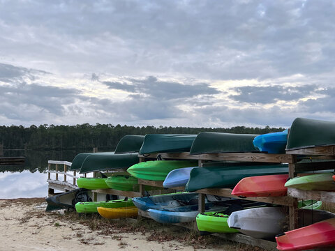 Colourful kayaks and canoes are available at a rental shop in a South Carolina state park near Cheraw.
