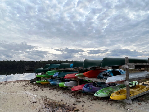 Colourful kayaks and canoes are available at a rental shop in a South Carolina state park near Cheraw.