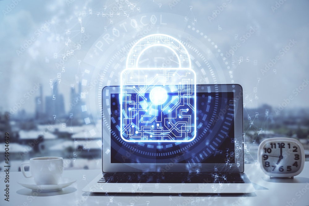 Poster Double exposure of desktop with computer and lock icon hologram. Concept of data safety.