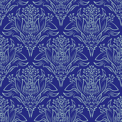 Damask flower bouquet vector seamless vector pattern. Blue indigo background with hand drawn flowers woodcut effect. Classic ornamental, dense geometric repeat. Floral baroque all over print.