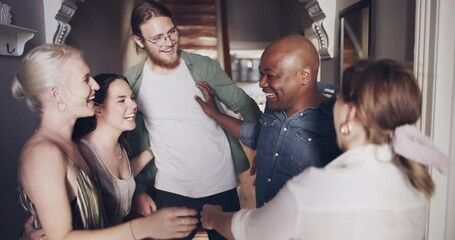 Diversity, friends and welcome in home, hug and celebration together, happy smile and love in home entrance. People, happiness and support in home, hugging and excited to be reunited, reunion and joy