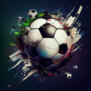  a soccer ball with a lot of paint splatters around it and a black background with a white and red soccer ball Generative AI