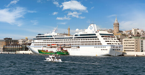 Nautica Majuro, Huge cruise ship docked at terminal of Galataport, a mixed use development located...