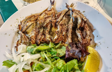 A plate full of sardine fillets with fresh lemon served in a local restaurant in coastal village of Vourvourou, Sithonia, Chalkidiki (Halkidiki), Greece, Europe Local traditional food. Sea fruit food
