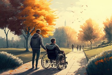 A Person With A Disability In The Wheelchair Being Pushed By A Friend In A Public City Park Looking At The Landscape