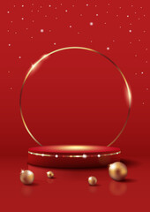 Red Podium with Golden Ring Frame and Pearls on Red Background with Snow. Christmas Sale Template. Vertical Banner. Vector Illustration.