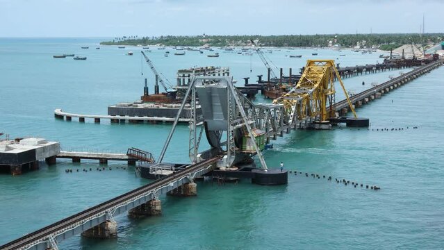 Pamban Bridge Indian railway cantilever sea bridge in Rameswaram Tamil Nadu India.