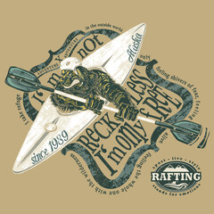 Newfoundland dog mascot of a rafting team angrily paddling in his canoe. In the background some text in two giant braces.