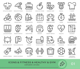  Set of conceptual icons. Vector icons in flat linear style for web sites, applications and other graphic resources. Set from the series - Fitness. Editable stroke icon.