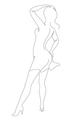 Silhouette of a woman in a modern continuous line style. The girl is slim and beautiful. Lady suitable for aesthetic decor, posters, stickers, logo. Vector illustration.