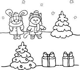 Cat and Rabbit. Coloring book