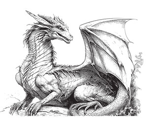 Dragon with wings sketch hand drawn sketch, engraving style vector illustration. © BigJoy