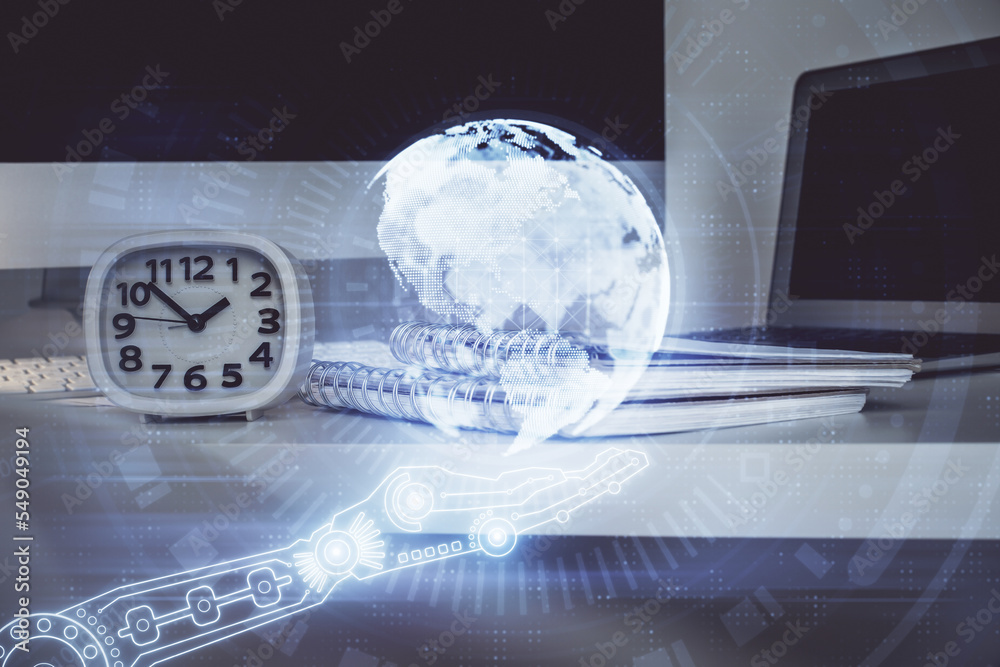 Poster Multi exposure of table with computer and world map hologram. International data network concept.