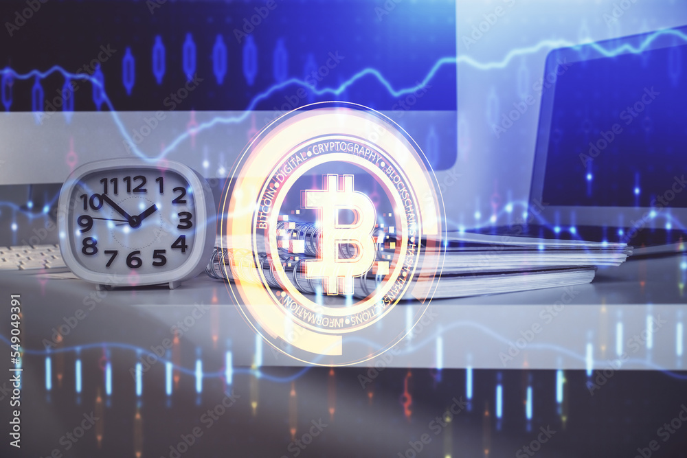 Poster Multi exposure of blockchain theme hologram and table with computer background. Concept of bitcoin crypto currency.