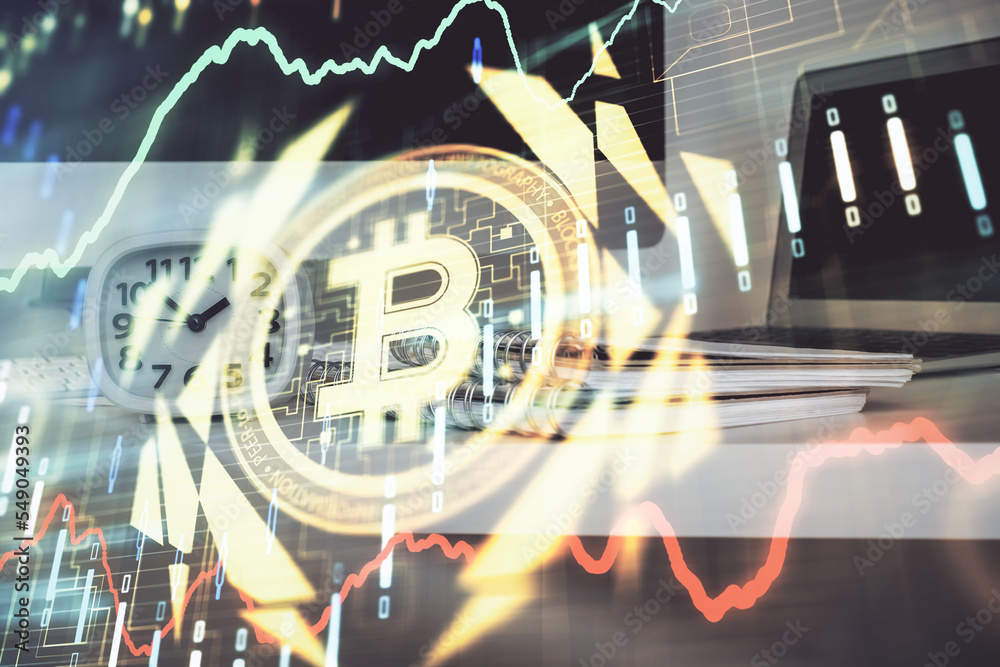Poster Multi exposure of blockchain theme hologram and table with computer background. Concept of bitcoin crypto currency.