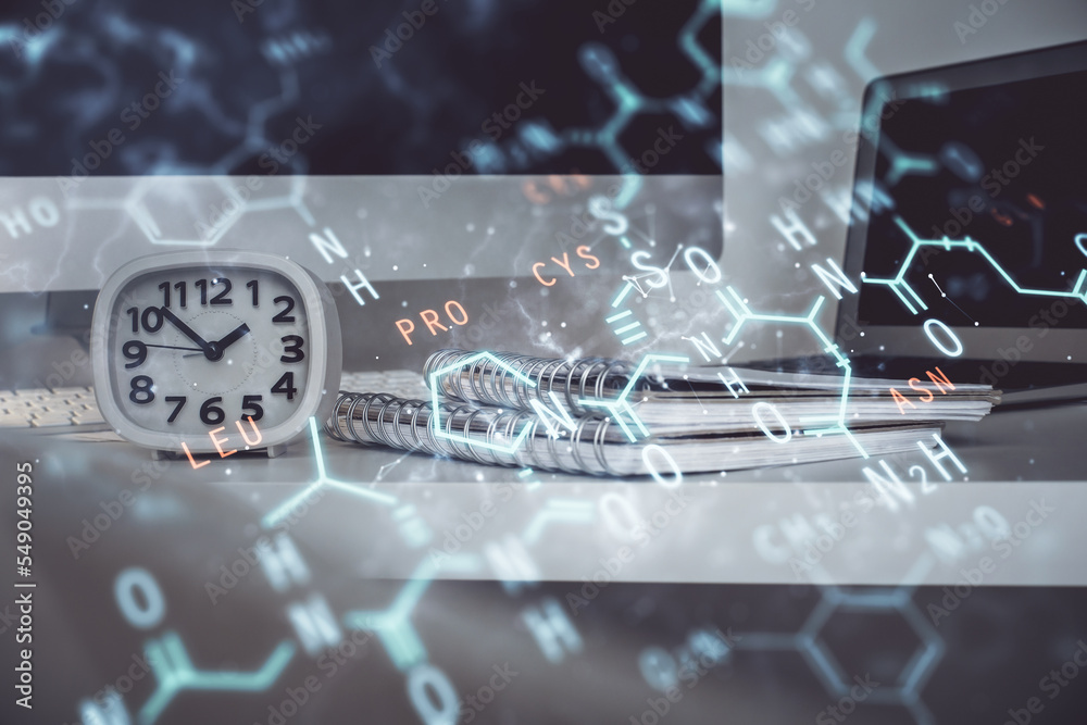 Poster desktop computer background and formula hologram writing. double exposure. education concept.