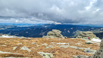 Scenic view of rock formations Steinerne Hochzeit on the hiking trail from Klippitztoerl to...