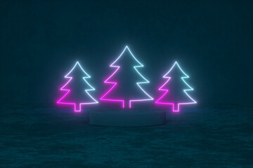 mock-up podium over neon Christmas trees, 3d render