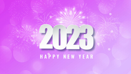 Fototapeta na wymiar Happy new year 2023 Purple fireworks in the night sky web background and has space to wright text content web banner social media post and Purple Sparkle Christmas 