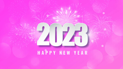 Fototapeta na wymiar Happy new year 2023 Pink fireworks in the night sky web background and has space to wright text content web banner social media post and Pink Sparkle Christmas 