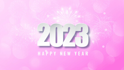 Happy new year 2023 Pink fireworks in the night sky web background and has space to wright text content web banner social media post and Pink  Sparkle 