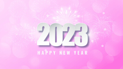 Fototapeta premium Happy new year 2023 Pink fireworks in the night sky web background and has space to wright text content web banner social media post and Pink Sparkle 