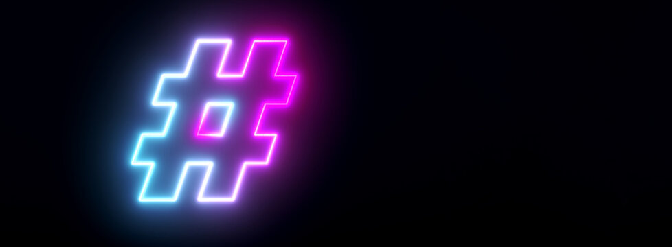 Neon Hashtag, 3d Render, Panoramic Layout