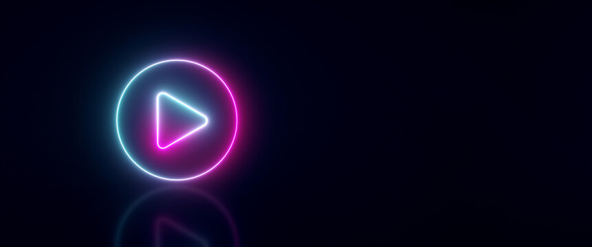 neon media player button, 3d render, panoramic layout
