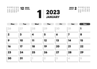 2023年1月のカレンダー - 月曜始まりの月めくりカレンダー - 3ヶ月分･祝日表記なし･A版比率
