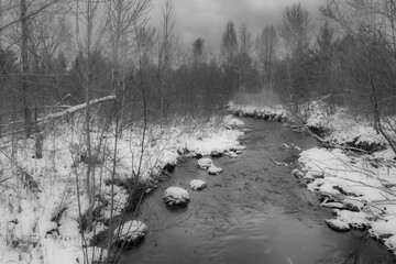 River in the Canadian forest after the first snows of November. Province of Quebec