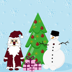 A greeting card with a Christmas tree, Christmas decorations, a snowman, Santa Claus, gift and falling snowflakes. Winter flat picture with new year character.