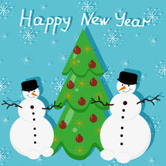 A greeting card with a Christmas tree, Christmas decorations, a snowman, falling snowflakes and inscription happy new year. Winter flat picture with new year character.