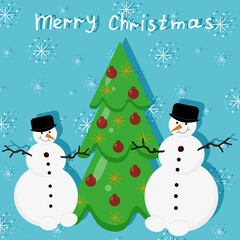 A greeting card with a Christmas tree, Christmas decorations, a snowman, falling snowflakes and inscription merry christmas. Winter flat picture with new year character.