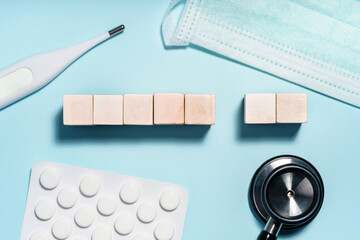 Medicine set, pharmaceutical medicine pills, protect mask. Order medicines online and delivery. Pack of medicines and pills. Online sales. Medical concept. Flat lay, top view