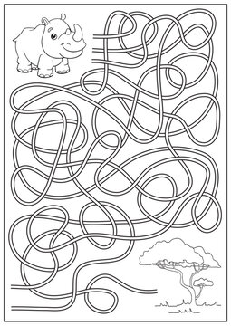 Maze and Labyrinth game and coloring book for kids. Find way for rhinoceros to oasis. Education activity page and worksheet. Cartoon vector illustration.