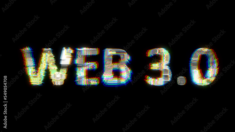Poster glitch and chromatic aberrations cybernetic text web 3 0 on black, isolated - object 3d rendering