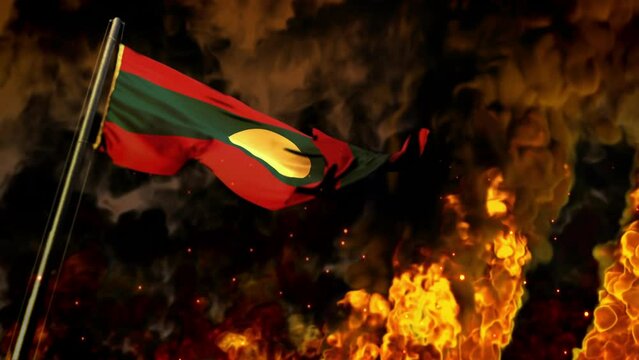 waving Lao People Democratic Republic flag on burning fire bg - crysis concept